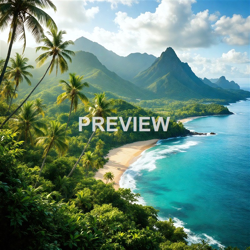 A lush tropical landscape featuring tall palm trees along a sandy beach with clear blue waters, backed by green mountains under a partly cloudy sky.